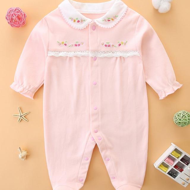 TEMU Baby Girl's Sweet Floral Embroidered Romper, Newborn Crawling Outfit, Pink Lace Trim Bodysuit, Perfect For Outdoor