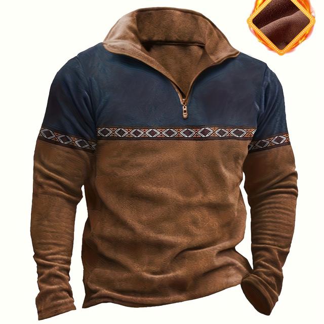 TEMU Men's Fashion Top T-shirt, Autumn/winter Deer Velvet Thermal Fabric, Casual Color-block Lapel Zipper Long Sleeve Men's Henley Shirt