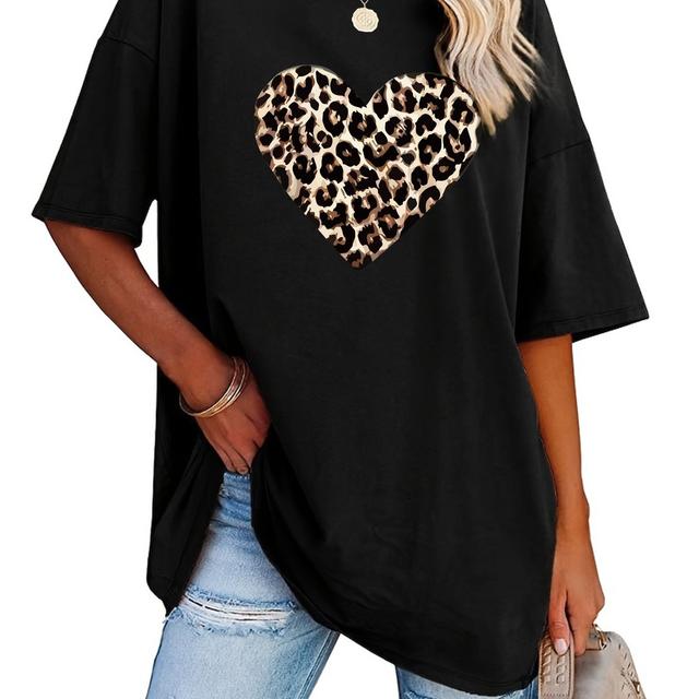 TEMU Plus Size, Valentine's Day Print Short Sleeve Oversized Round Neck Casual Top, Summer And Spring, Women's Plus Size Clothing