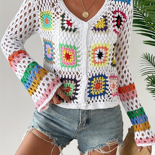 TEMU Handmade Vintage Ethnic Crochet Cardigan - Colorful Geometric Pattern Sweater With Button Front, Long Sleeve Hollow Out Top For Women, Spring & Fall, Cardigan Collar, Style, Hollow Out Detai