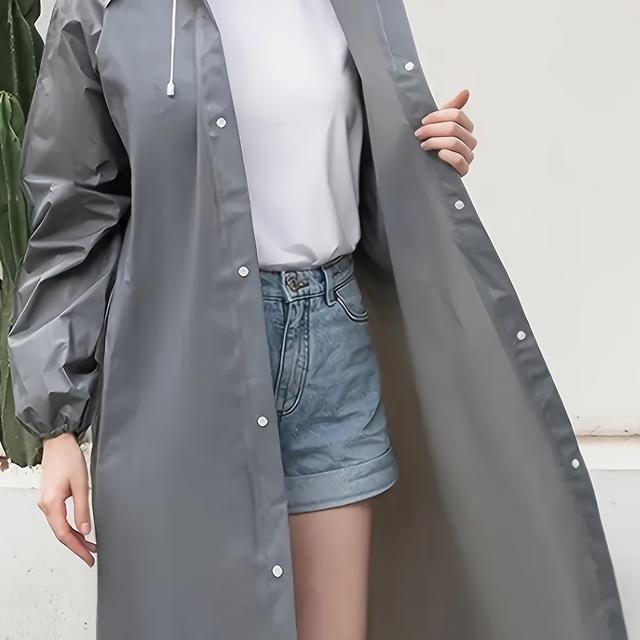 TEMU Thickened Unisex Adult Non-disposable Eva Raincoat Hooded Long Hiking Rainwear For Men And Women, Solid Color With Button Details, Travel And Adventure