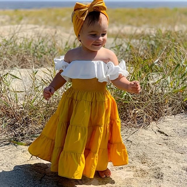 TEMU 3pcs Kids Toddler Girl Off Shoulder Crop Top Blouse High Waist Maxi Skirt Summer Outfits With Headband