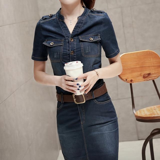 TEMU 2025年スタイルのデニムドレス、、ヒップラップ、半袖、丈のレディースデニムスカート。デニムワンピース 無地 シャツ ピース 通勤 オフィス OL きれいめ レディース 夏