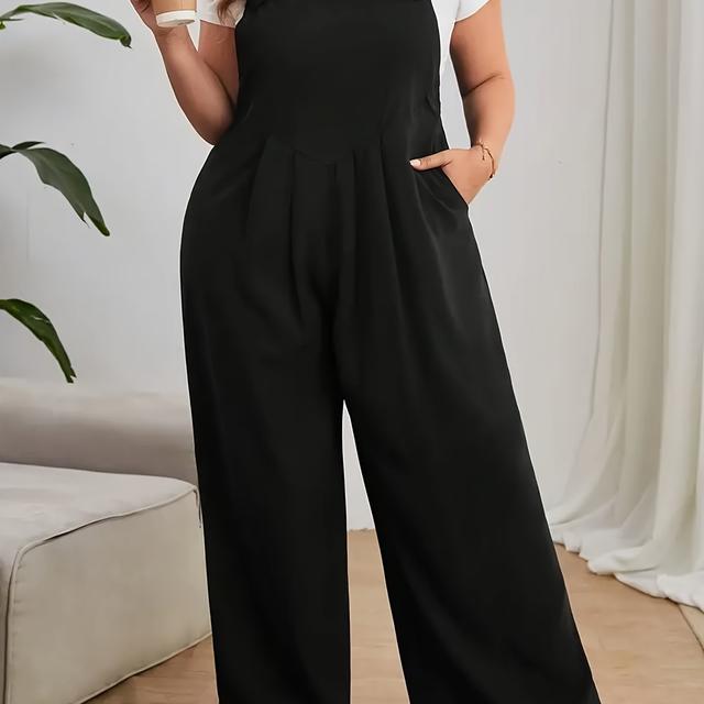 TEMU Women's Plus Size Casual Black Overalls With Pockets - Adjustable Straps, Wide Leg Design, Polyester Fabric, Summer And Casual Attire