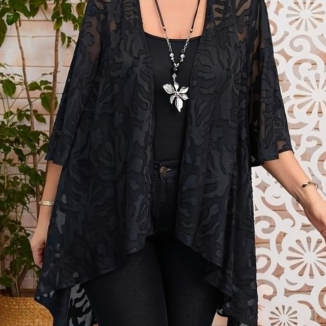 TEMU Plus Size - Plus Size Women's Black Jacquard Pattern 3/4 Sleeve Loose Front Open Front Sweater Summer Clothing Spring Outfit Vacation Attire Women's Jacket Women's Suit Elegant Concert Attire