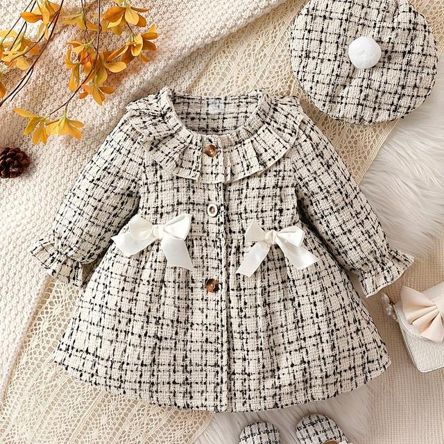 TEMU Girls' Dress With Bow Decoration + Beret 2pcs Set Suitable For Baby Clothing