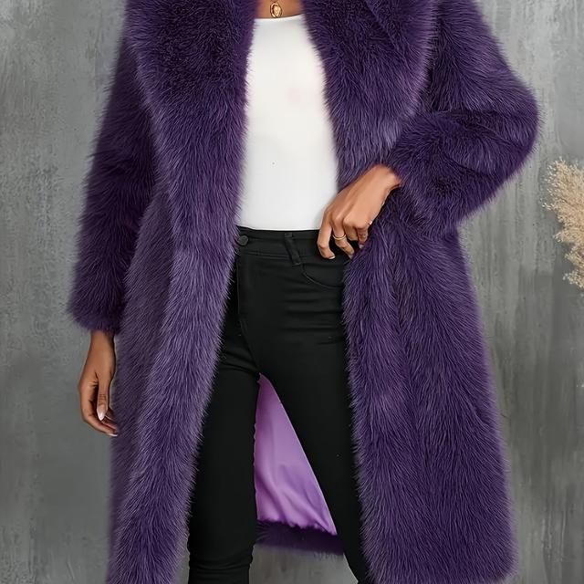 TEMU Women's Winter Plush Jacket - Thick Mid-length Coat With Hood-like Collar, Long Sleeve Outerwear For Cold Weather, Parties & Daily Wear