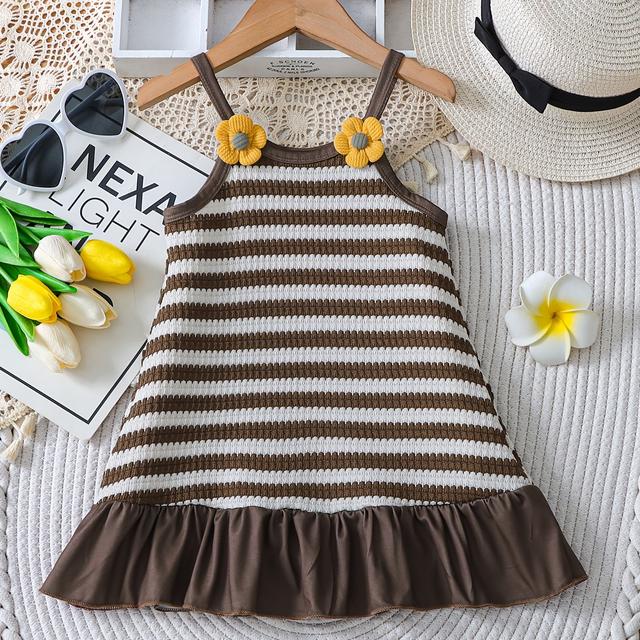 TEMU Baby Girls' Fashion Striped Pattern Small Floral Decor Hemmed Cute Cami Dress - Perfect For Girls' Summer Outing Vacation Dress