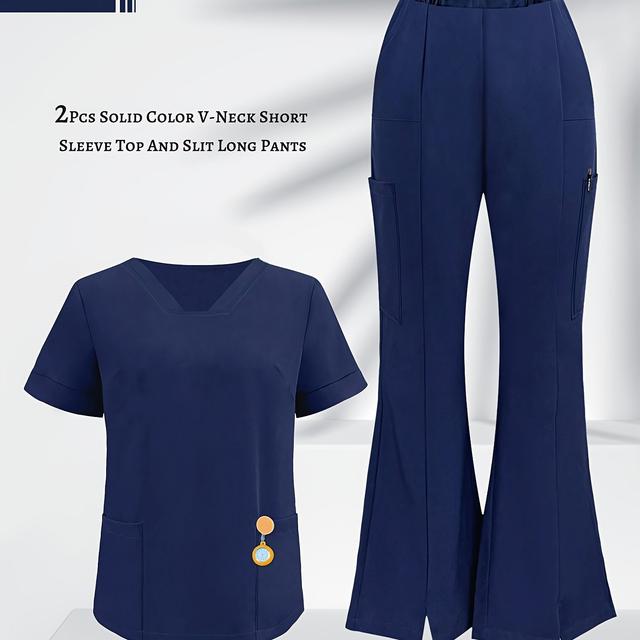 TEMU طقم بنطلون متعدد الجيوب بأكمام قصيرة وطيات دقيقة، ملابس عمل أنيقة ومتعددة الاستخدامات للنساء، بدلة عمل عالية الجودة للمراكز الصحية ومراكز السبا - وايلدرنس