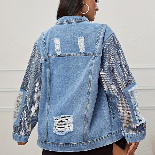 TEMU Echte Europäische Seite Frühlingskollektion Heavy-Duty Pailletten-Denimjacke für Damen, Lockerer Sitz Modische Persönlichkeit Zerrissene Kleidung SY19102