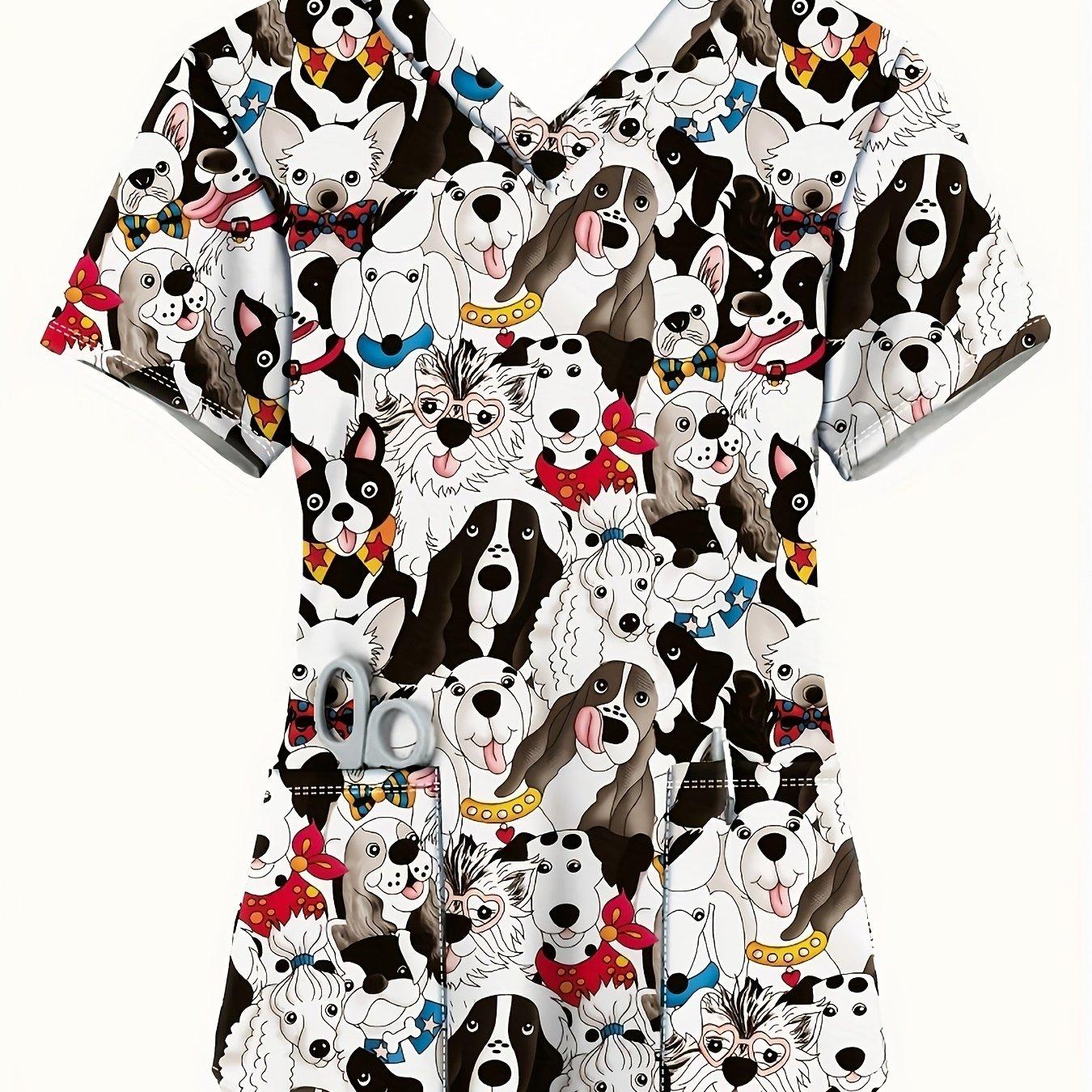 TEMU Camiseta con Estampado de Perro Lindo para Mujer - Cuello en V y Manga Corta, Transpirable con Bolsillos, Lavable a Máquina, Ropa Casual Cómoda, Camiseta para Amantes de las Mascotas, Tejido