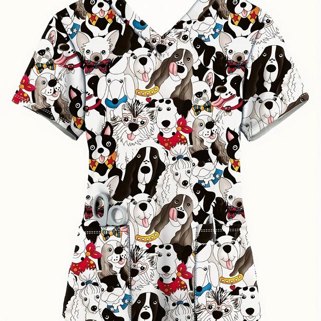 TEMU Women's Cute Cartoon Dog Print V-neck Short Sleeve Top - Breathable Summer Shirt With Pockets, Machine Washable Casual For Casual Attire, Dog Tshirt, Apparel, Smooth Texture Fabric