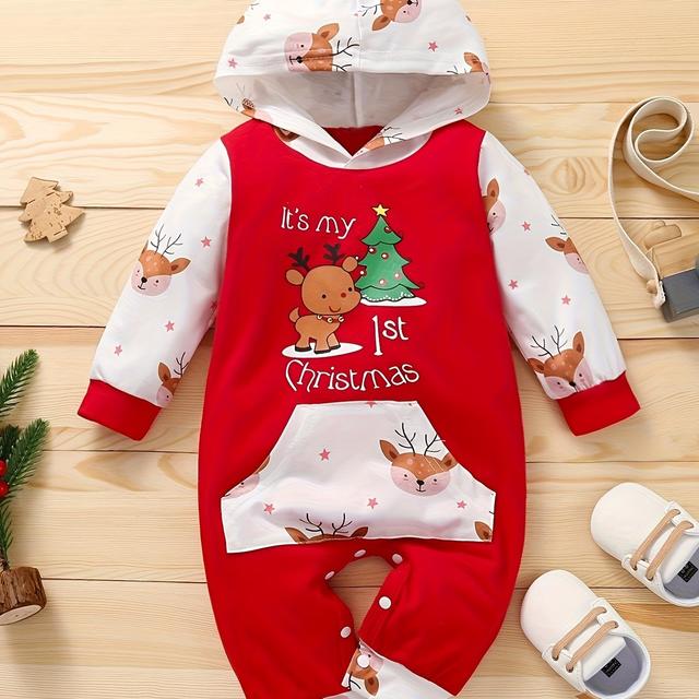 TEMU Herbst Baby Mädchen Hirsch Print Weihnachts-Jumpsuit Langarm Front-Patch-Tasche Kapuzen-Strampler, für Draußen
