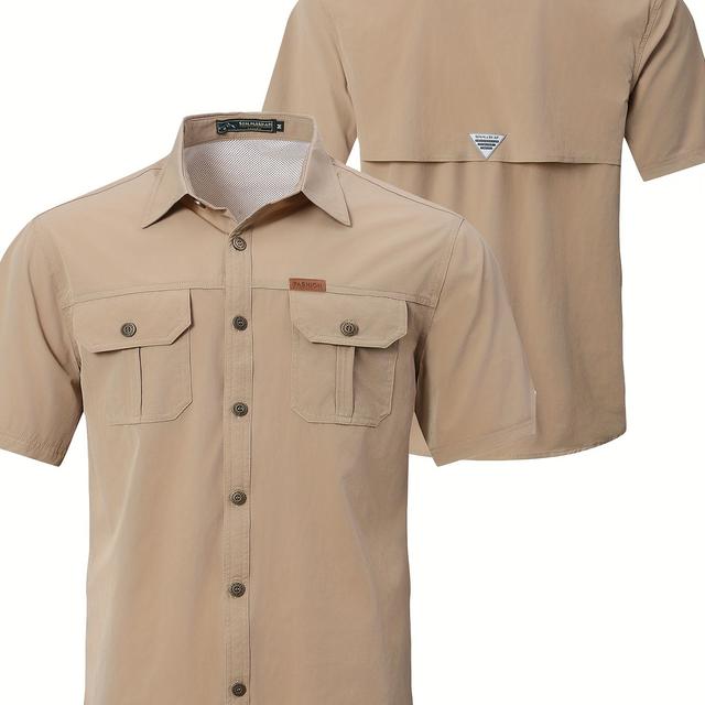 TEMU Herren Khaki Militär-Stil Kurzarmhemd – Elastischer Knopfleiste, Mehrere Arbeitsfächer, Langlebiges Retro-Outdoor-Shirt für Camping, Wandern & Streetwear, Nichttransparenter Stoff