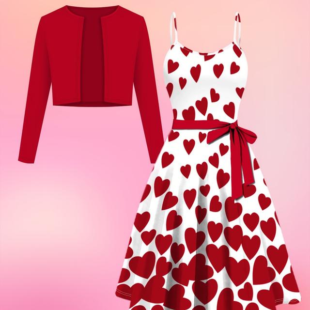 TEMU 2-teiliges elegantes Damen-Outfit zum Valentinstag, Langarm-Cardigan aus Polyester und -Druck mit Halterung und Schnürung, zweiteiliges Set