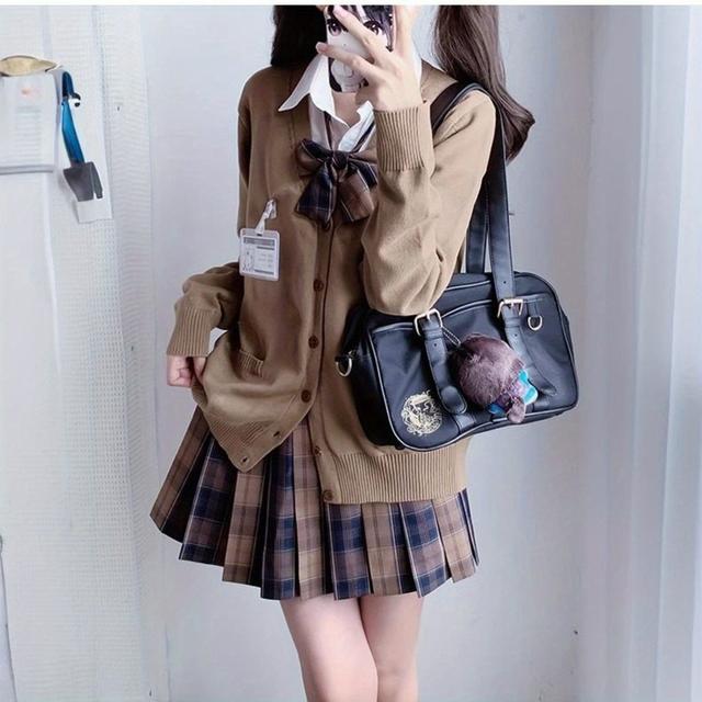 TEMU オリジナル本物JKユニフォーム 秋冬長袖セーターカーディガン チェックスカートシャツ レディースカジュアルコスタイルスーツ