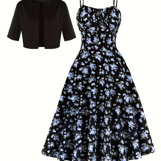 TEMU Floral Strap Skirt Women's Sweet Versatile Black Blouse Dress Set