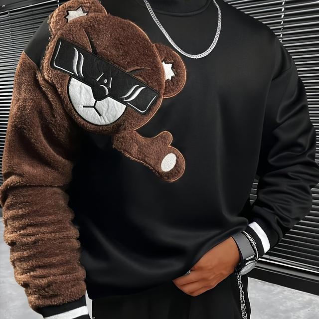 TEMU Stylish Animal Embroidered Design, Fashion Pullover Sweatshirt For Men, Comfy Long Sleeve Top, Soft For Spring/autumn Wear