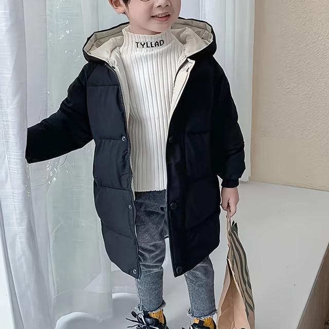 TEMU Kids' Long Winter Coat For - Thick Warm Hooded Zip-up Jacket, 100% Polyester, Classic Solid Color, High Stretch, Regular Fit, , Winter Coat For Girls, Cozy Kids Wear, Durable Kids Clothing