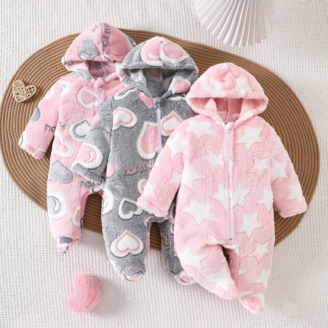 TEMU Girl's Crawling Jumpsuit, Pink Gray And Pink 3- Match, 3pcs Set, Star, Heart And Letter Print, Versatile And Warm For Autumn And Winter, , Outerwear, For Outdoor