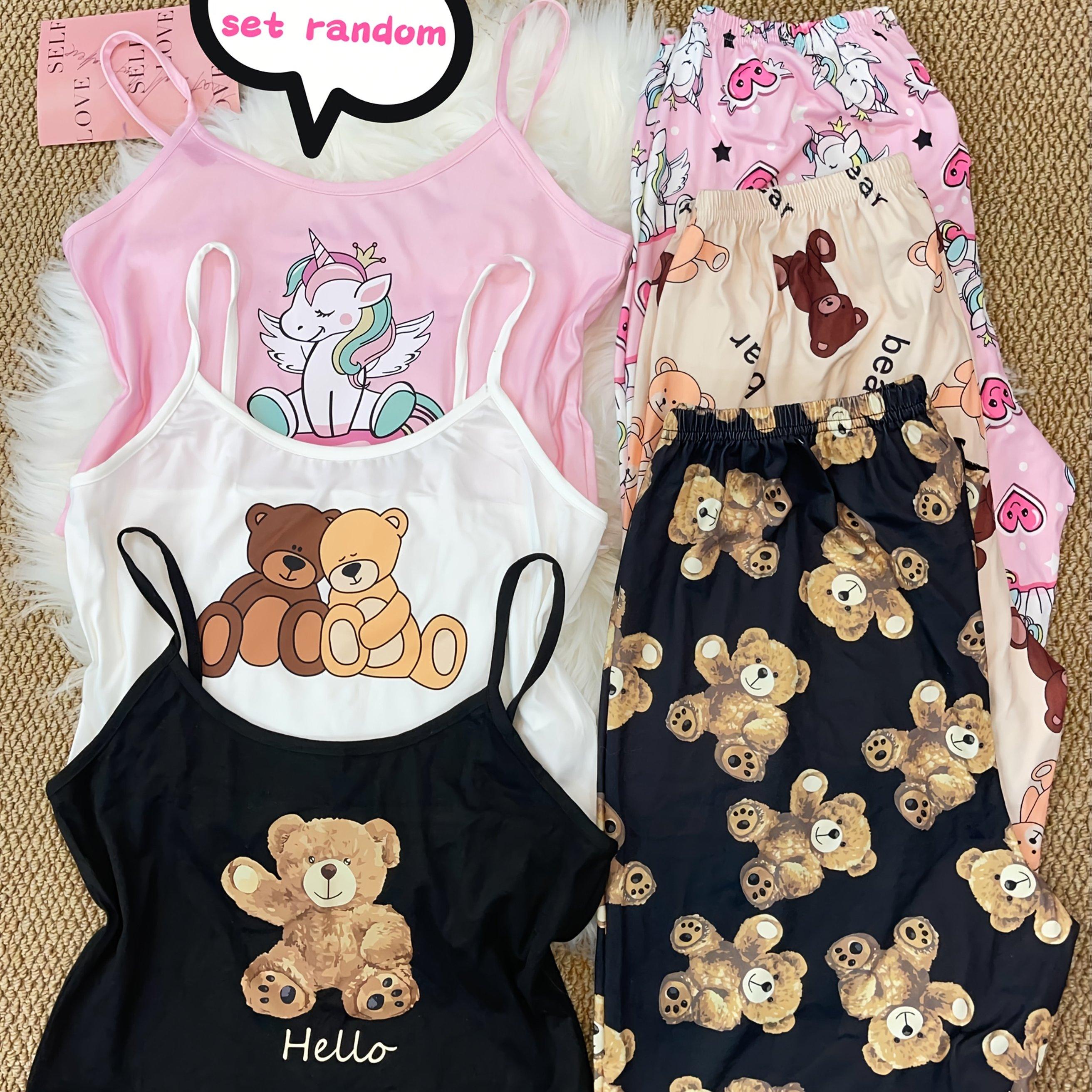 TEMU Teenage Cartoon Cute Print Suspender Trousers Random 1 Set Fashion Casual Pajamas And Set, For Teenager, For Teenager