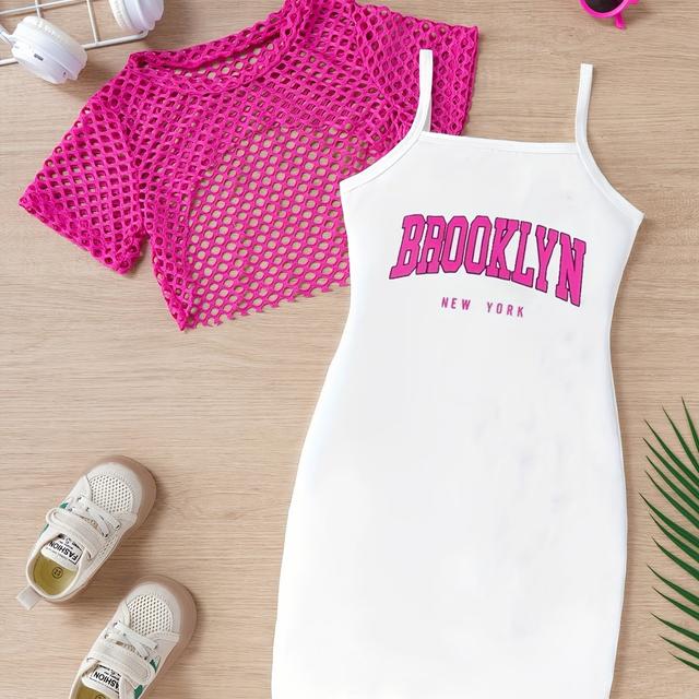 TEMU Girls' Hollow Out Cover-up + Camisole Letter Dress Two-piece Set