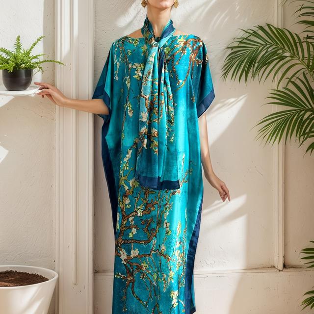 TEMU Vestido Largo de Talla Grande para Mujer con Pañuelo, Elegante Base Verde con Estampado de , Murciélago, Cuello Redondo, Corte Holgado, Tejido Sin Elastano, Ideal para Fiestas en Todas
