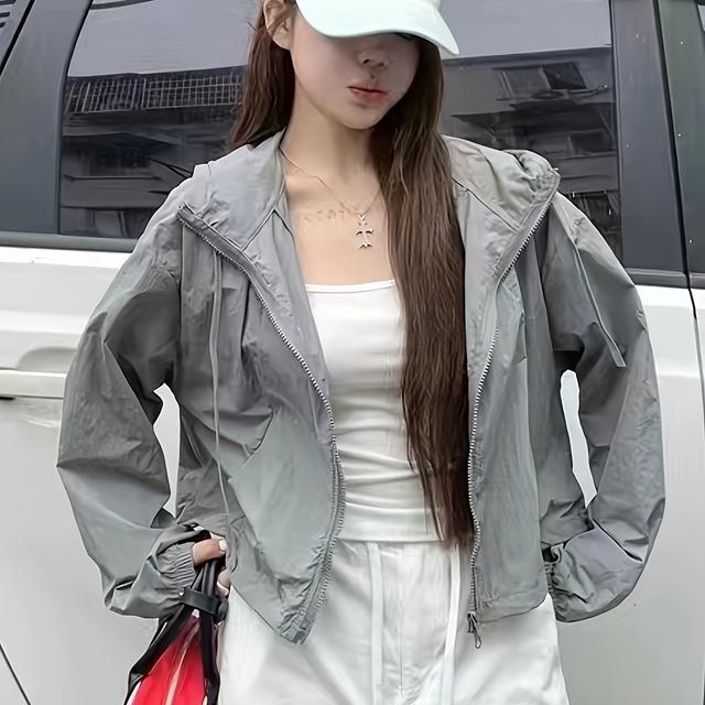 TEMU Women's Long Sleeve Hooded Jacket - Casual Zip-up Outdoor Top With Pockets, Solid Color, Non-stretch Fabric, Spring/summer/fall, Spring Jacket | | Zipper Closur