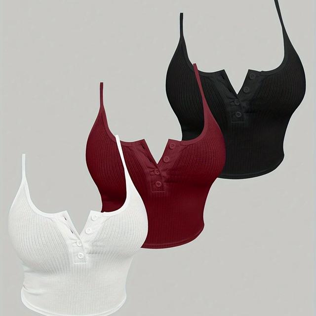 TEMU Three-piece Set Of A Fitted Vest With A Half-button And Straps