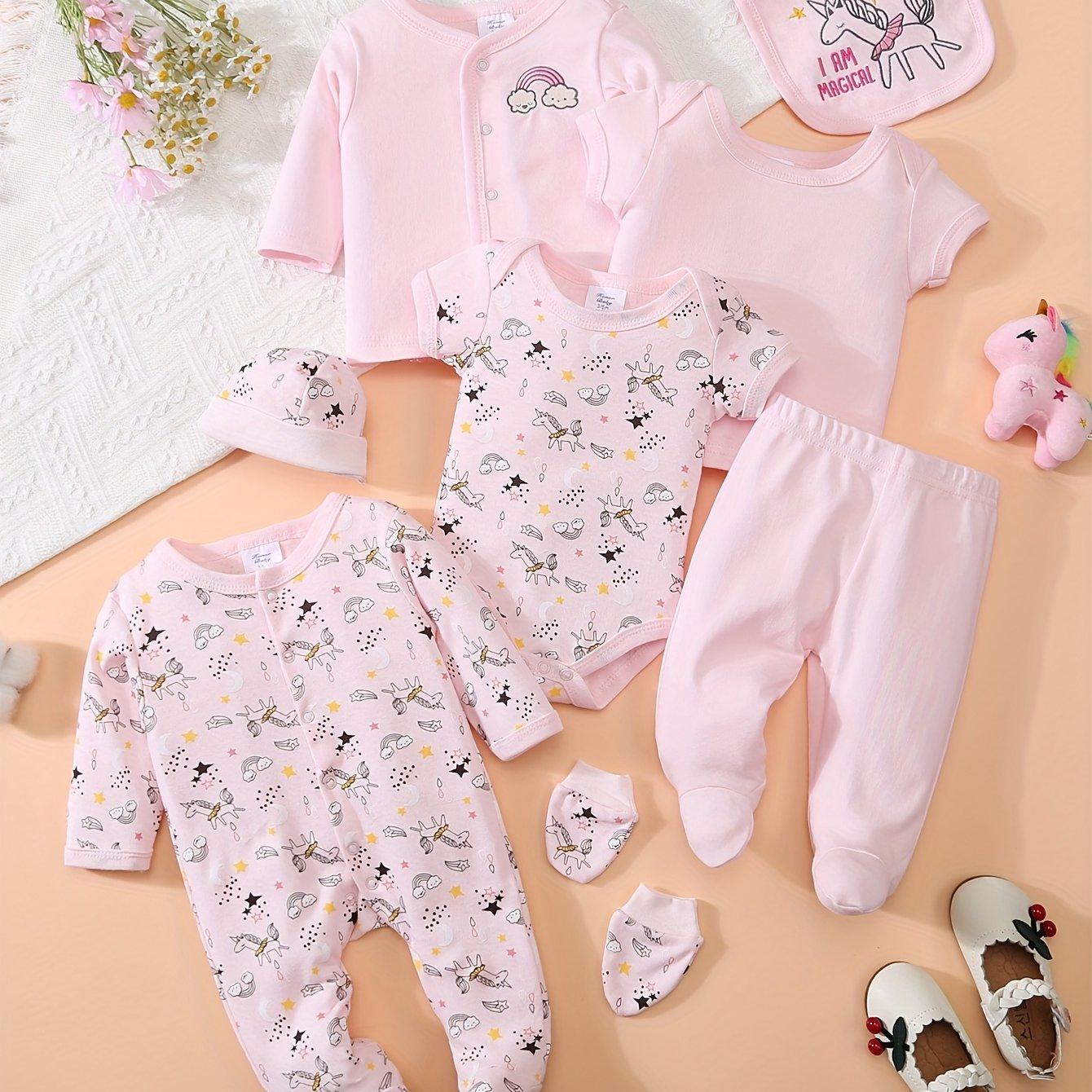 TEMU 8pcs Baby Outfit Suitable For - Soft Breathable Pants, Matching Hat, Bonnet, Socks, Romper & More - Spring Summer Clothes, Machine Washable Wear, Perfect For Outdoor
