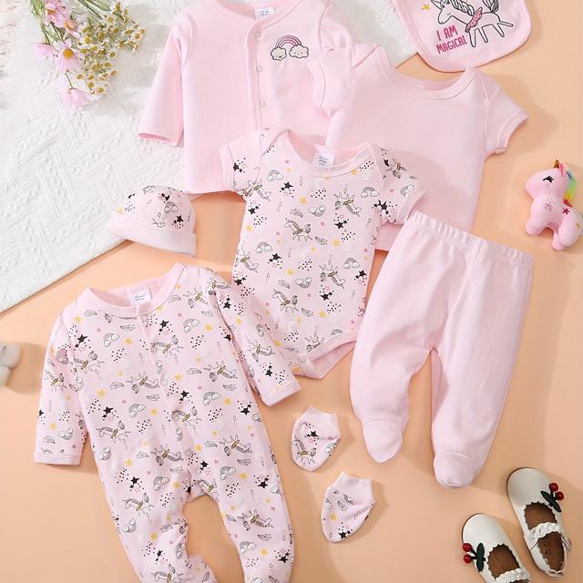 TEMU 8pcs Baby Outfit Suitable For - Soft Breathable Pants, Matching Hat, Bonnet, Socks, Romper & More - Spring Summer Clothes, Machine Washable Wear, Perfect For Outdoor
