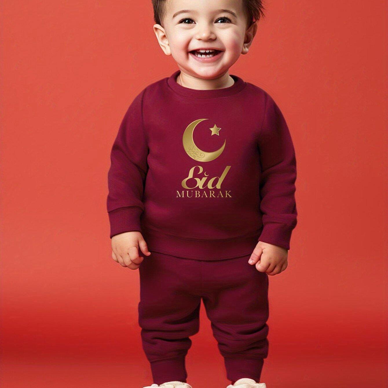 TEMU Children's Fashion Sportswear 2pcs Set: Boys' Cartoon Middle East Ramadan Moon, Stars, And Letter Print Round Neck Long Sleeve Sweatshirt With Casual Long Pants Set, Perfect For Outdoor