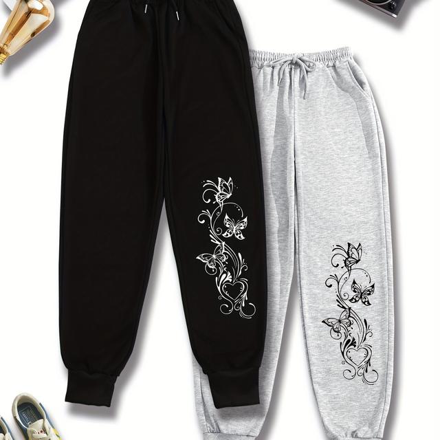 TEMU Plus Size - Women's Plus Size Floral Print Sweatpants - Black & Gray Wide-leg Joggers With Drawstring Waist, Loose Fit Casual Pants For Spring/summer/fall, Jogging Pants