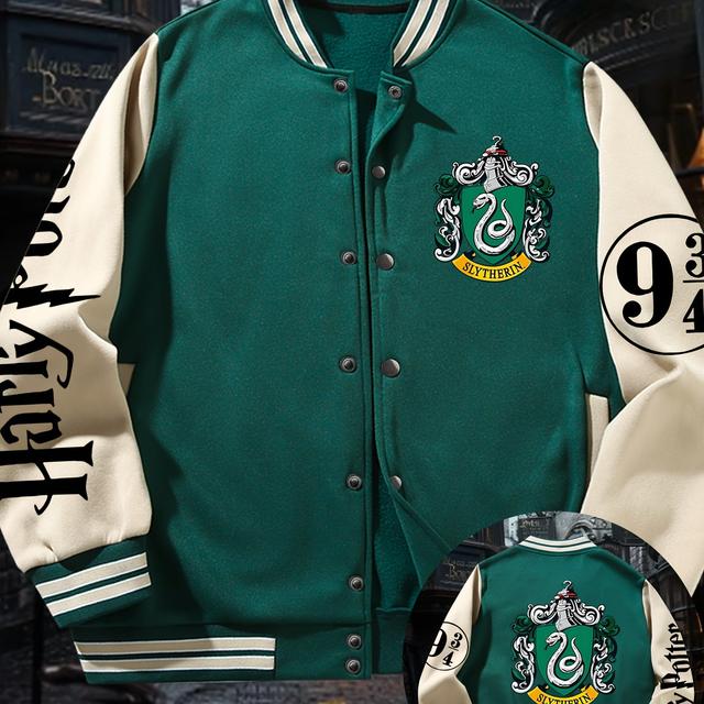 TEMU Chaqueta de Otoño-Invierno para Hombres, Estampado del Slytherin "Harry Potter", Abrigo Ligero Béisbol Casual con Largas y Bloques de Color – Regalo Perfecto para y