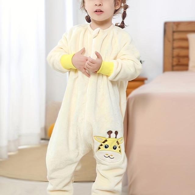 TEMU 1pc Cute Cartoon Animal Print Romper, Polyester Knit Fabric With Stretch, Crew Neck, Loose Fit, Zipper Detail, Spring/fall Sleepsuit For