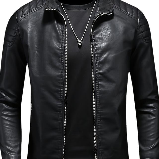 TEMU Men's Casual Stand Collar Jacket, Long Sleeve Motorcycle Coat With Zipper Closure, Solid Color, Regular Fit, Woven Polyester Lining, Pockets - Stylish Fashion Outerwear