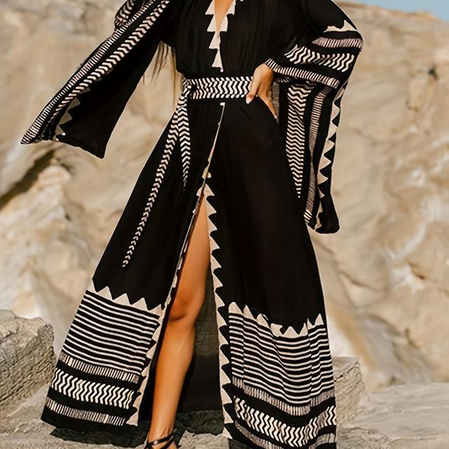TEMU Caftán para Mujer, Bata, Cárdigan Estilo Étnico Estampado, Kimono, Vacaciones en , Casual, Holgado, Talla Grande, Cárdigan, Bikini, Traje de Baño, Cubre Traje