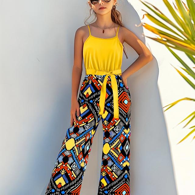 TEMU Girls' Plus Size 130-170cm Fashion Spring/summer Waist-cinching Wide-leg Casual Daily Geometric Pattern Ethnic Style Printed Camisole Jumpsuit, Perfect For Outdoor
