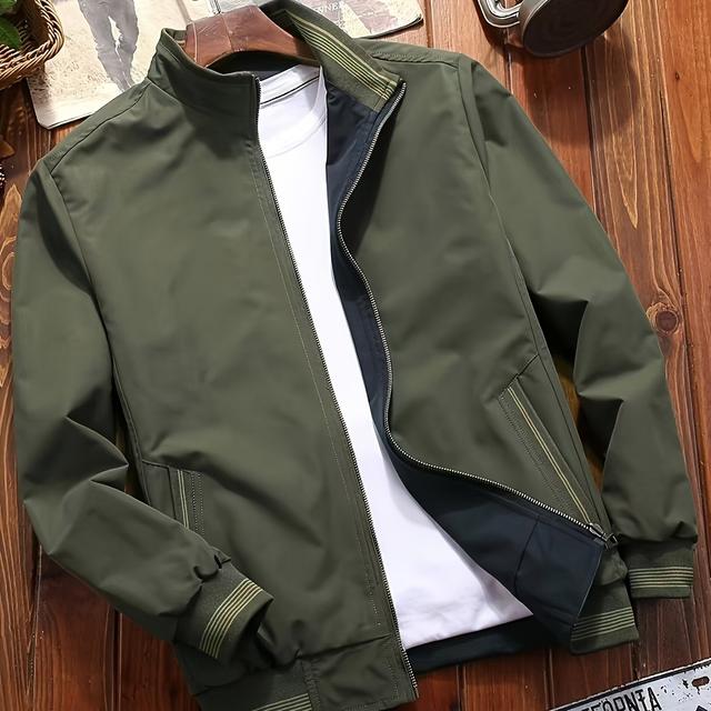 TEMU Herren Jacke mit doppelseitigem Stehkragen – Olivgrüne Polyester-Zipperjacke mit , maschinenwaschbar, trendige Freizeithose für lässigen Look
