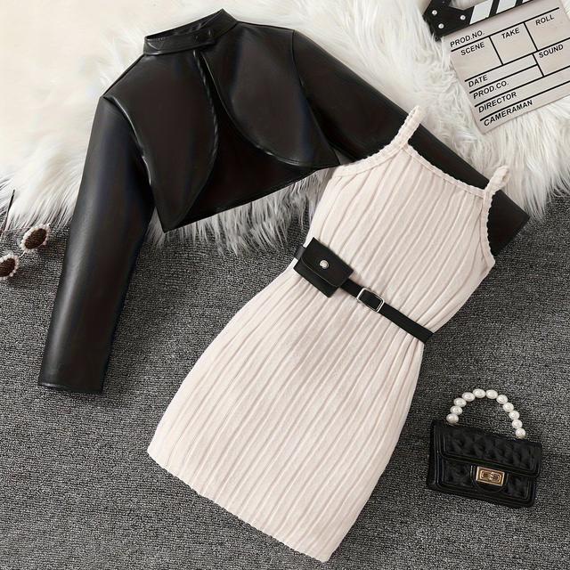 TEMU ' Three-piece Set Featuring A Jacket, Dress, And Belt In Black Pu. Color Dress And Stylish Black Belt Make It A Trendy And Versatile Outfit For Girls, For Outdoor
