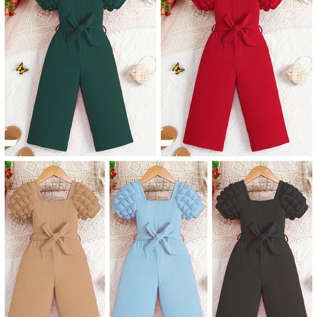 TEMU Combinaison à manches courtes bouffantes et élastiques, taille marquée par un nœud, pantalon long , mode et , pour et l'été, pour l'extérieur.