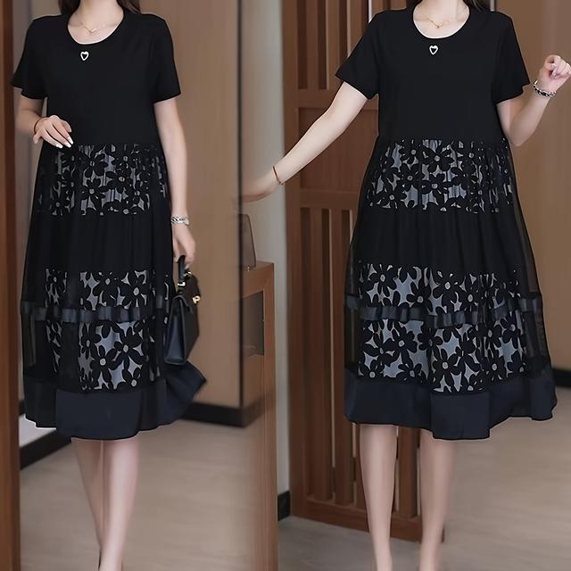 TEMU 2025年夏のプラスサイズ おしゃれなメッシュ＆ルデザイン ゆったりショートスリーブドレス お腹カバー ビーチバケーション・仕事・デートナイト用 女性用ファッションドレス