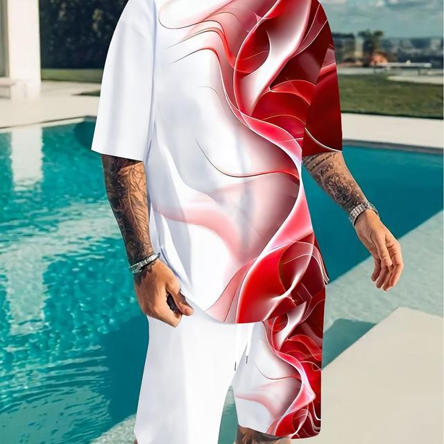 TEMU T-Shirt und Shorts-Set in Übergröße für Herren mit kontrastfarbenem Streifenmuster und Grafikdruck für den Sommer, trendiges, lässiges 2-teiliges Outfit