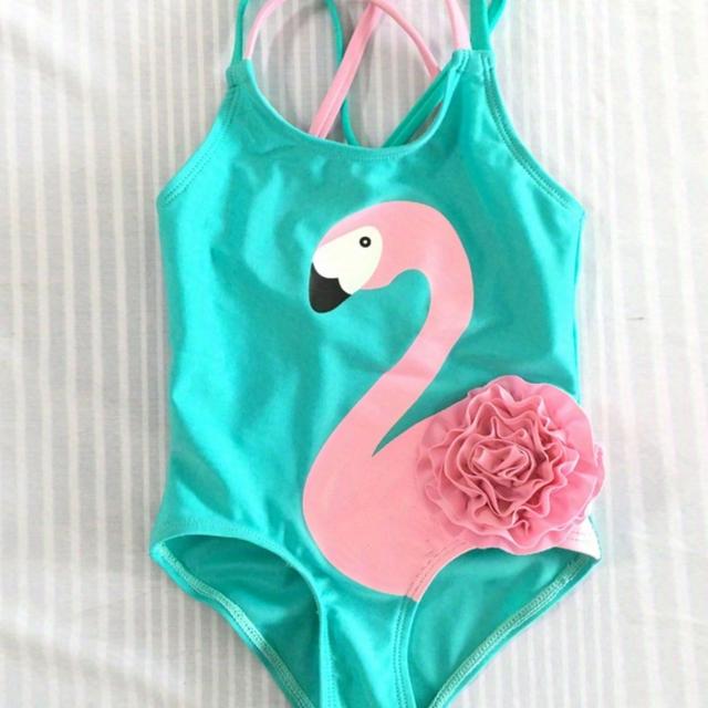 TEMU Girls' Turquoise Flamingo & Pink Flower -piece Swimsuit - Sleeveless Round Neck Slim-fit Bathing Suit With Triangle Bottom For Beach, Pool &