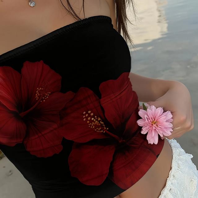 TEMU Women's Casual Vacation Crop Top, Red Floral Print, Suitable For Such As Vacations And Beach Occasions