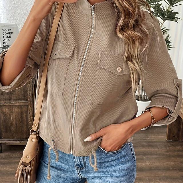 TEMU Damen Freizeitjacke in Unifarben mit Reißverschluss und Kordelzug - Langarm, Polyester, Perfekt für Frühling & Herbst, Unifarben, Reißverschluss