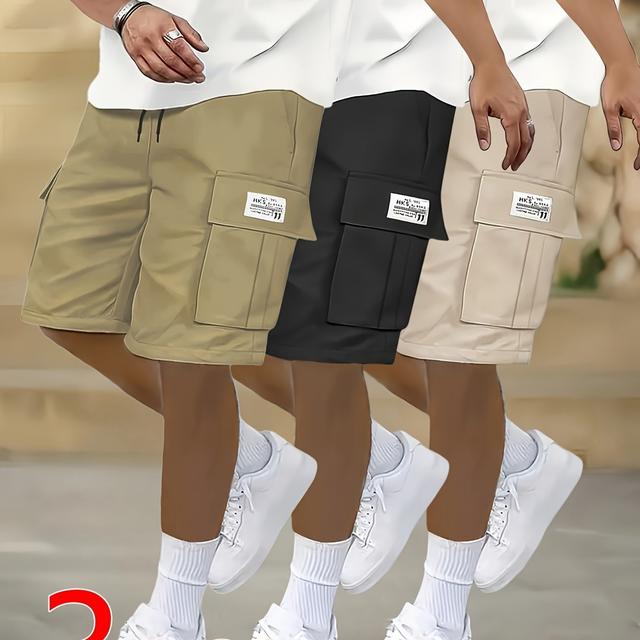 TEMU Pack de 3 Pantalones Cortos Cargo para Hombre - Diseño Casual con Múltiples Bolsillos y Cintura Ajustable con Cordón, Ajuste Holgado para casual (, , Beige)