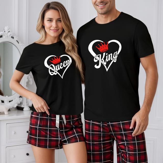 TEMU Precio por un conjunto de pijamas cortos con estampado de Rey y para hombre o mujer, manga corta - 1 juego
