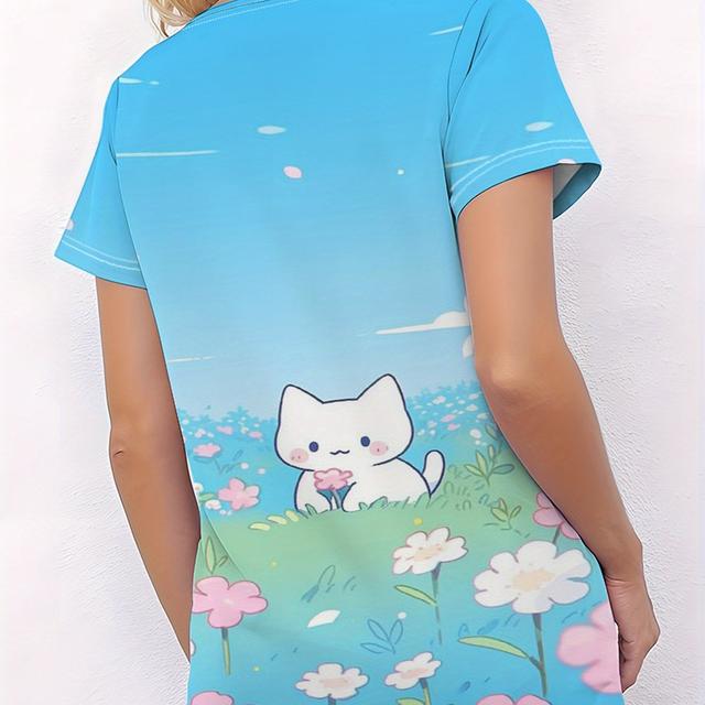 TEMU เสื้อยืดคอวีพิมพ์ลายสวยสดใส พร้อมกระเป๋า ผ้าสวมใส่สบาย แขนสั้น เหมาะสำหรับชุดทำงาน ชุดยูนิฟอร์ม ลายพิมพ์เฉพาะตัว และโอกาสพิเศษ