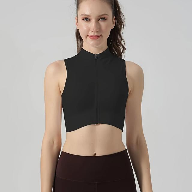 TEMU Schnelltrocknendes Tanktop mit Reißverschluss, Modischer Stehkragen Ärmelloses Slim Fit Crop Top, Damen Activewear